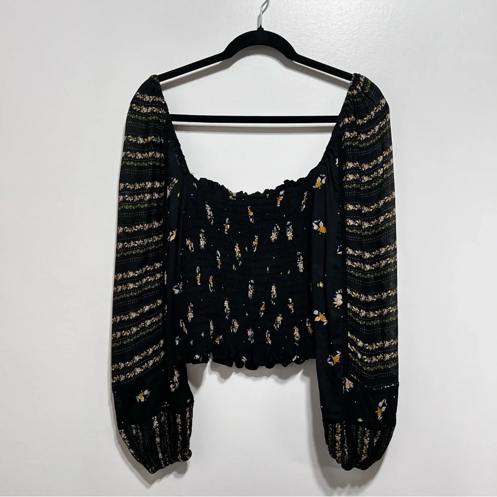 SOLD Anthropologie Dolan Pieta Balloon Sleeve Smocked Floral Blouse Large Black - Picture 6 of 11